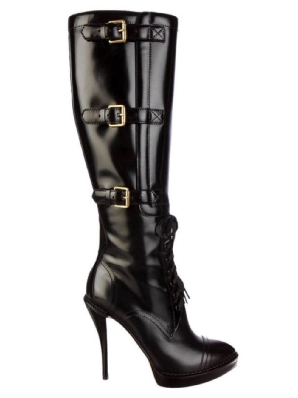 GUCCI Black Leather Riddle Knee High Lace-Up Platform Buckle Bondage Boot 2009
